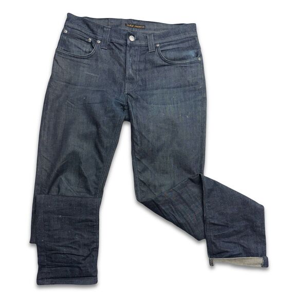 NUDIE Jeans GRIM TIM Men's Jeans W32 L34 Slim Fit Tapered Organic Dry Navy Dips - Picture 1 of 16